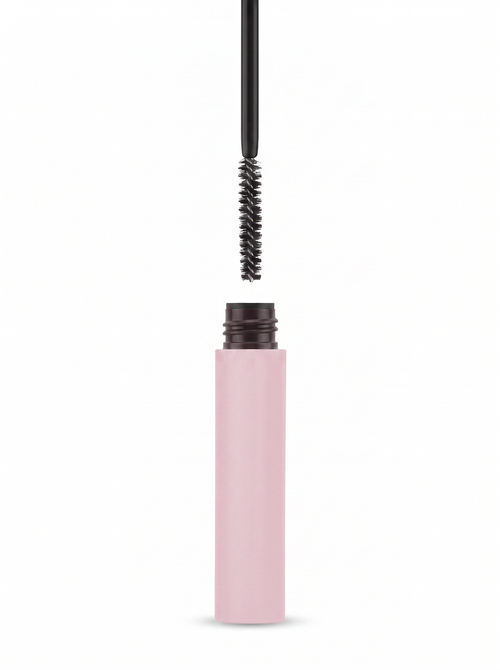 Milos Clear Brow Sculpting Gel — spoolie applicator above the open pink tube